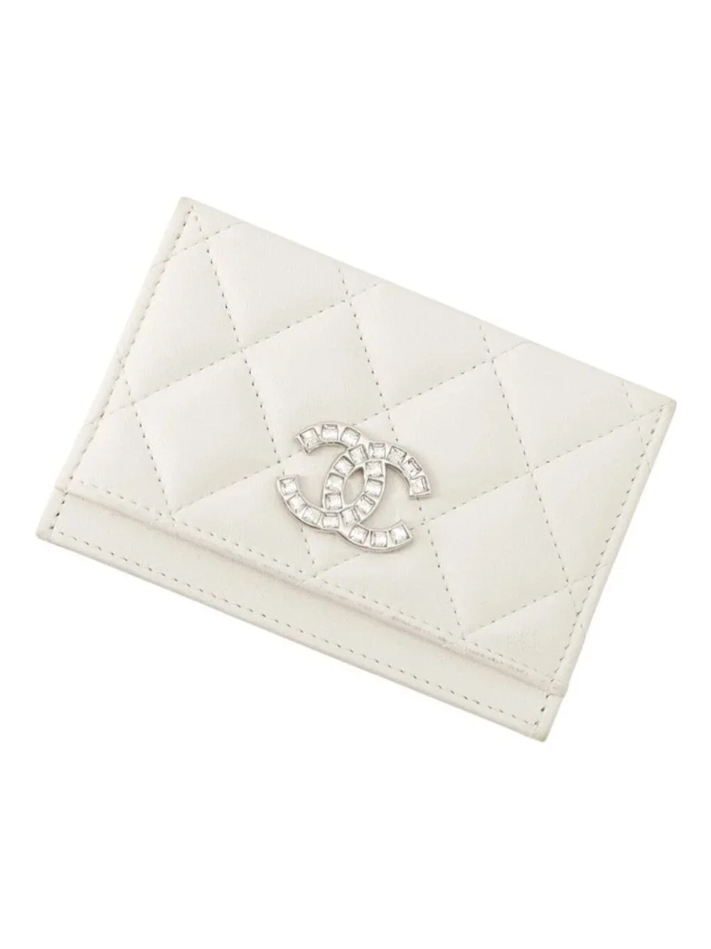 Chanel Card Case Quilted CC Logo Rhinestone Lambskin Set Era Business White